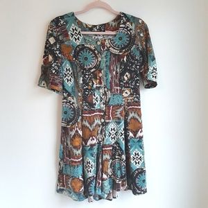 Vintage 80s colorful pattern boho bohemian tribal hippy button up romper